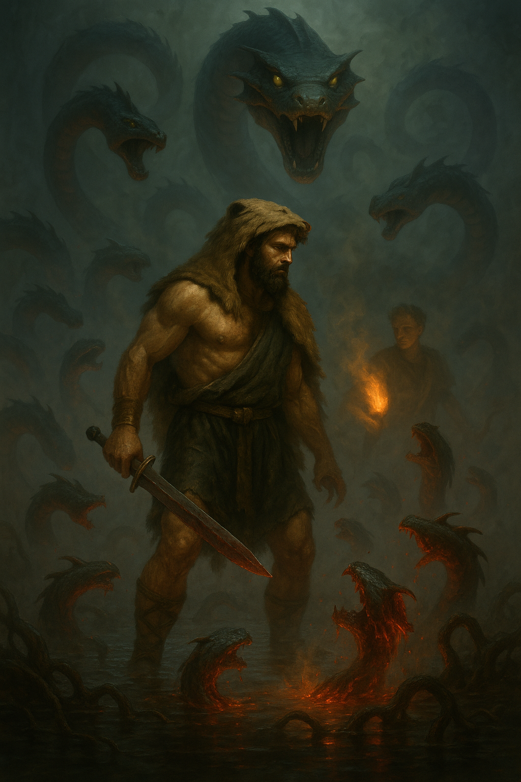 Heracles confronting the Hydra with limited support from Iolaus.